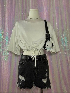 Venus Knit Cinched Tie Waist Cropped Boxy Tee (L) ★彡